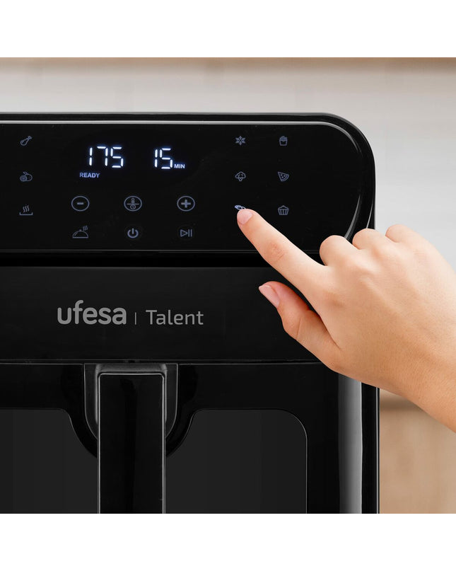 UFESA Talent black air fryer with 1500W power and 6.5L capacity, compact kitchen appliance for healthy frying.