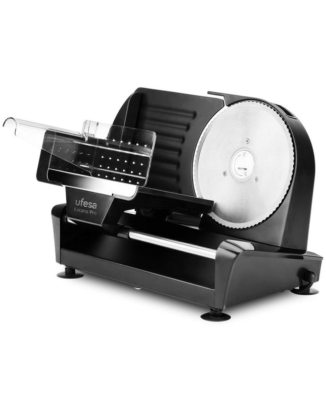 UFESA Katana Pro black electric slicing machine with 200W power, compact kitchen appliance for precise food preparation.