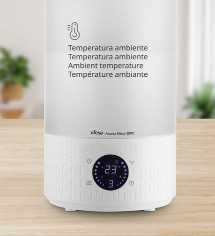UFESA luchtbevochtiger 2,8 L voor huis en keuken, draagbare airconditioning met waterreservoir in witte en zwarte design