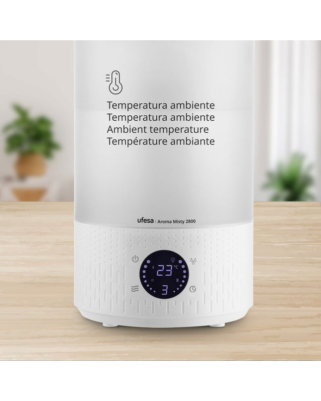 UFESA luchtbevochtiger 2,8 L voor huis en keuken, draagbare airconditioning met waterreservoir in witte en zwarte design