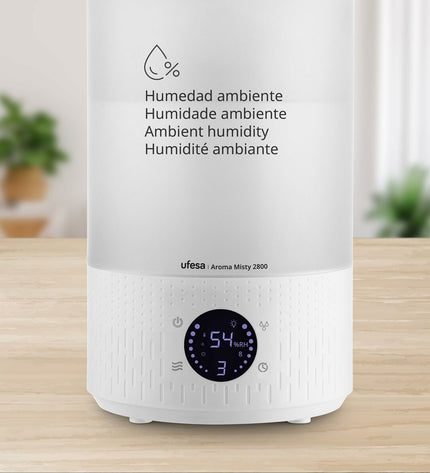 UFESA luchtbevochtiger 2,8 L voor huis en koken, draagbare airconditioning met water reservoir, compact en gebruiksvriendelijk.