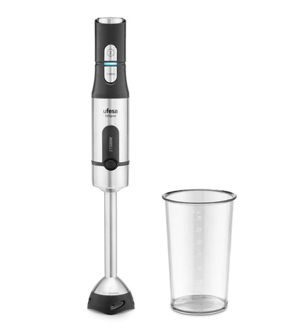 UFESA Eclipse hand blender in black with 1500W power, shown with blending attachment for kitchen and cooking tasks.
