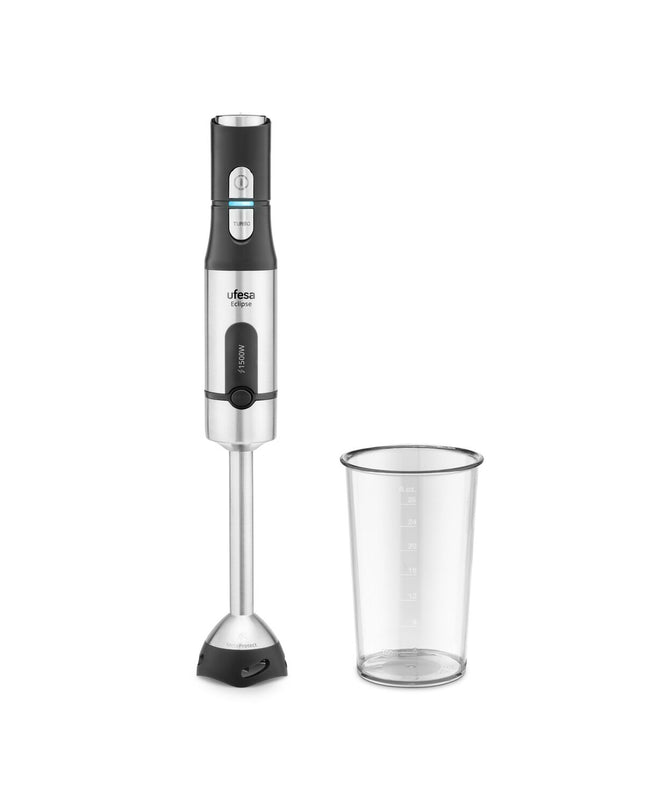 UFESA Eclipse hand blender in black with 1500W power, shown with blending attachment for kitchen and cooking tasks.