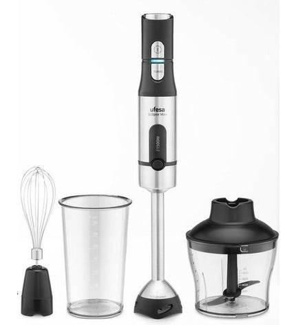 UFESA Eclipse Max hand blender with stainless steel blending shaft and control buttons, ideal for kitchen mixing tasks.