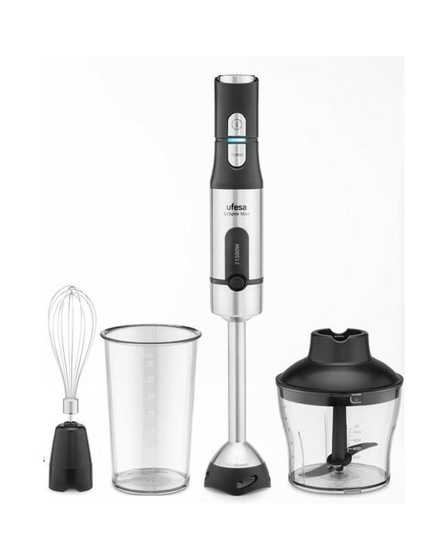 UFESA Eclipse Max hand blender with stainless steel blending shaft and control buttons, ideal for kitchen mixing tasks.