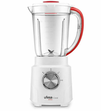 UFESA black 1.5L kitchen mixer, compact electric appliance for home cooking, with a sleek black finish and mixing attachments.