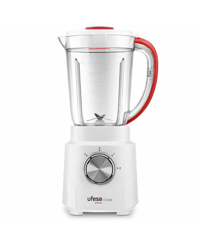 UFESA black 1.5L kitchen mixer, compact electric appliance for home cooking, with a sleek black finish and mixing attachments.