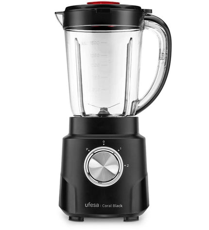 UFESA Coral Black 600W kitchen mixer with 1.5L capacity, compact electric appliance for home cooking in black finish.