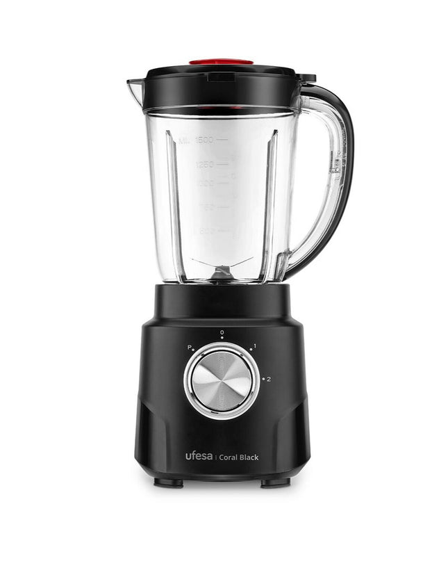 UFESA Coral Black 600W kitchen mixer with 1.5L capacity, compact electric appliance for home cooking in black finish.