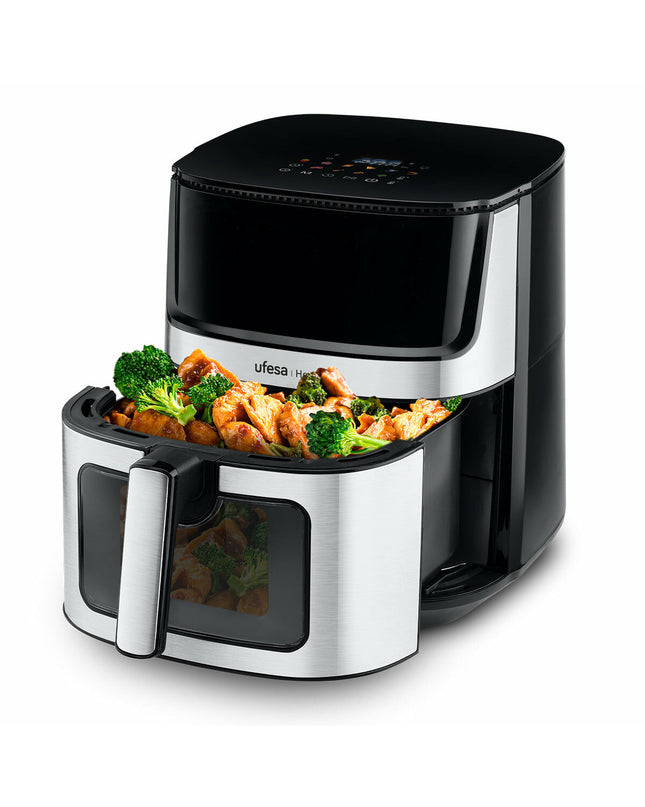 UFESA luchtfriteuse for home cooking, compact electric appliance with digital controls and a round frying basket.