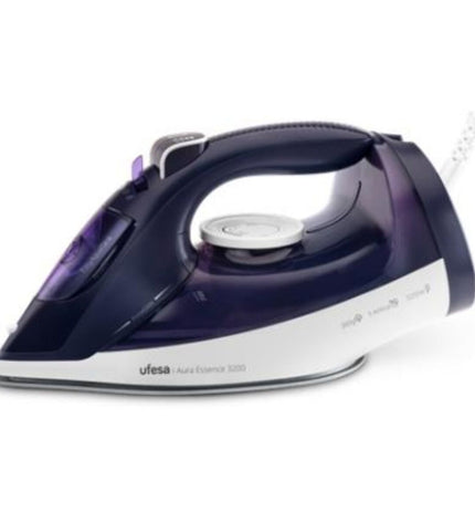UFESA Aura 3200W steam iron with transparent water tank and ergonomic handle for effective home ironing.