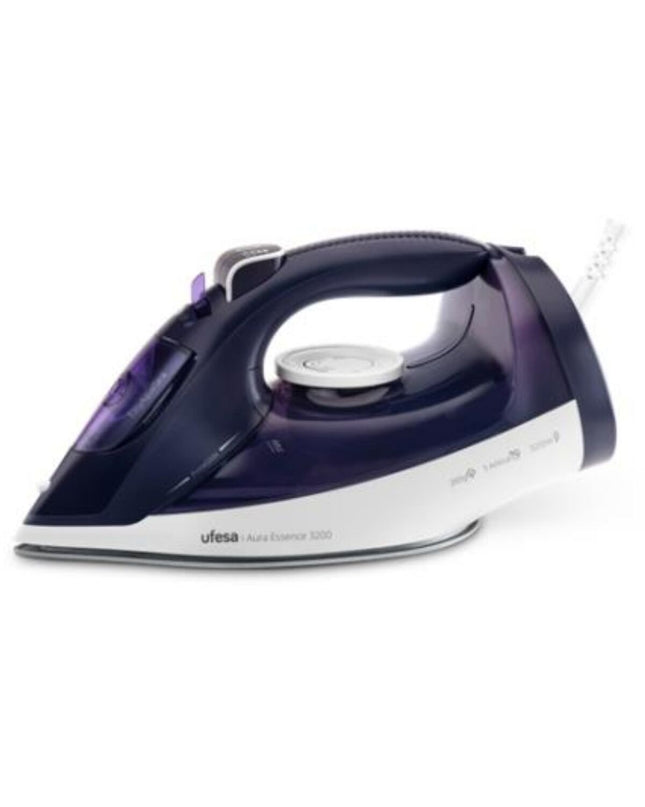 UFESA Aura 3200W steam iron with transparent water tank and ergonomic handle for effective home ironing.