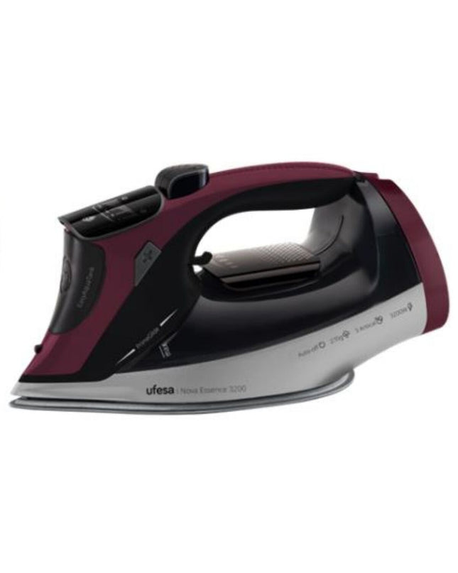 UFESA Nova Essence steam iron with 3200W power, showing a sleek design and water tank in a home ironing setting.