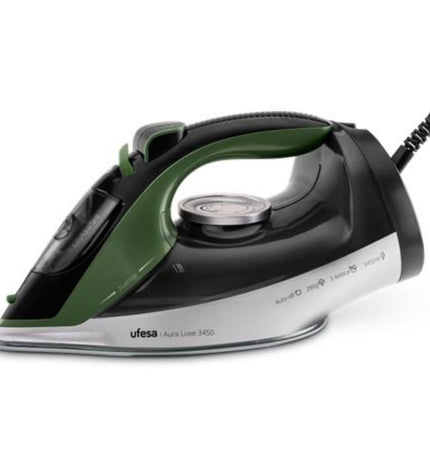 UFESA Aura Luxe steam iron with 3450W power and auto-off feature, shown on a clean ironing board.