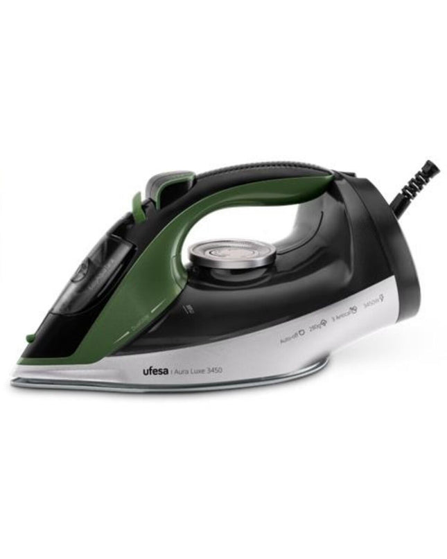 UFESA Aura Luxe steam iron with 3450W power and auto-off feature, shown on a clean ironing board.
