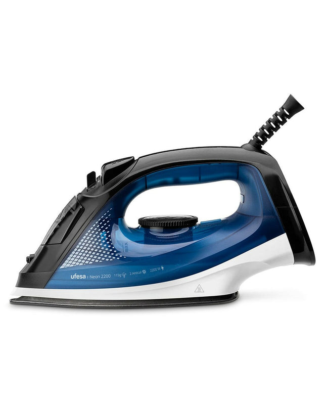 UFESA Neon steam iron with 2200W power, shown in close-up, featuring sleek design and adjustable steam control.