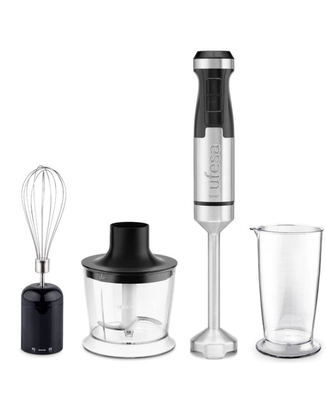 UFESA Sunset 1500W handblender with ergonomic handle and stainless steel blending shaft, ideal for cooking and kitchen tasks.