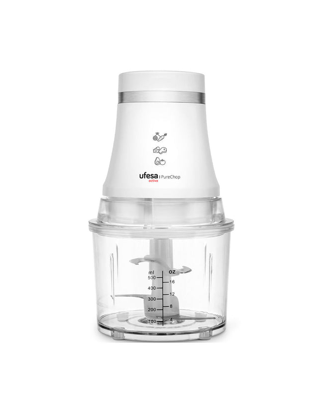 UFESA PureChop Activa mini food chopper with stainless steel blade, plastic body, 400W motor, 0.8L capacity, suitable for home cooking.
