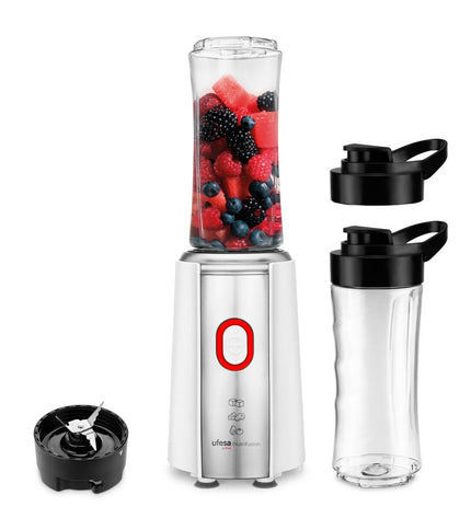 UFESA NUTRIFUSION 1200W blender in black and white with 500ml capacity, compact electric kitchen appliance for smoothies and more.