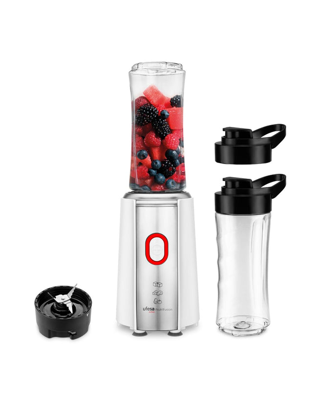 UFESA NUTRIFUSION 1200W blender in black and white with 500ml capacity, compact electric kitchen appliance for smoothies and more.