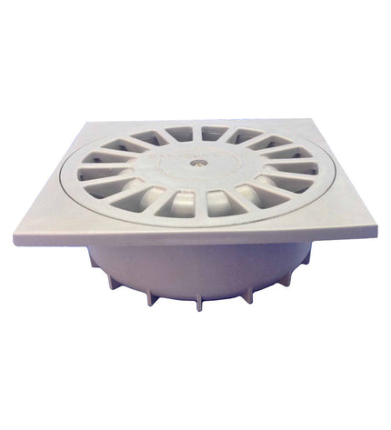 Vertical PVC drain pipe Tecnoagua T-88 15x15x5 cm for bathroom and kitchen, with 5 cm diameter, shown installed in a bathroom setting.
