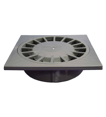 Tecnoagua PVC T-88 vertical drain for bathroom and kitchen, 15x15x5.65 cm, with 7.5 to 5 cm diameter, shown in image.