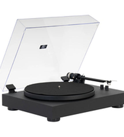 Black FONESTAR Vinyl-13 turntable with tonearm and controls, electronic audio equipment for vinyl record playback.