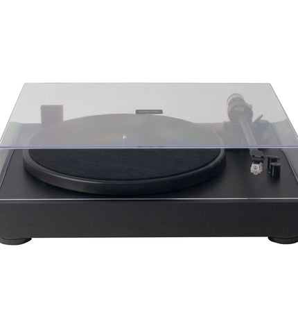Black FONESTAR vinyl record player with tonearm and control knobs, part of electronic audio and hi-fi equipment.