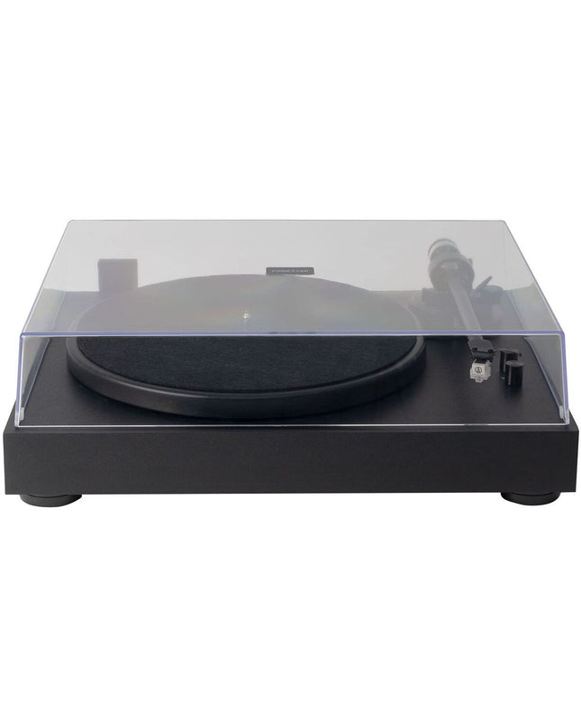 Black FONESTAR vinyl record player with tonearm and control knobs, part of electronic audio and hi-fi equipment.
