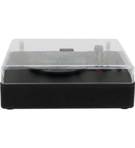 FONESTAR VINYL-25AMP black turntable with sleek design, featuring tonearm and control knobs for high-quality vinyl playback.
