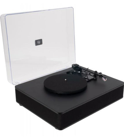 FONESTAR Vinyl-25AMP zwart platenspeler with tonearm and turntable surface, part of audio and hi-fi equipment.