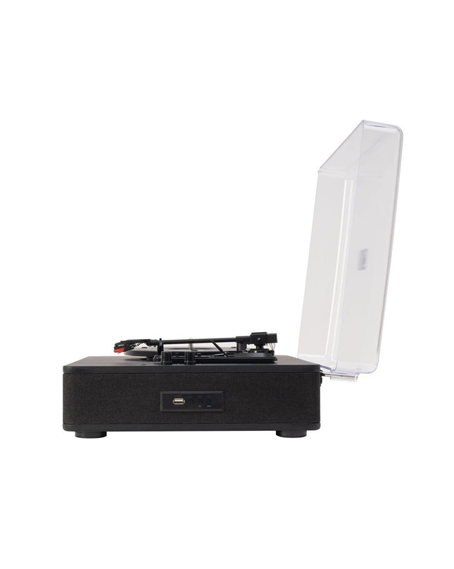 Black FONESTAR vinyl record player with tonearm and controls, part of audio and hi-fi equipment.