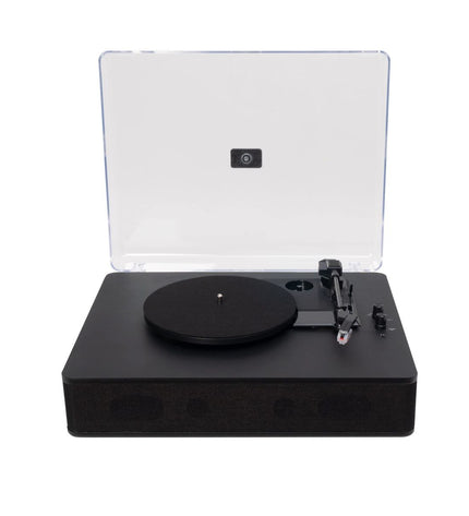FONESTAR Vinyl-25AMP black turntable with tonearm and control knobs for audiophile listening and vinyl record playback.