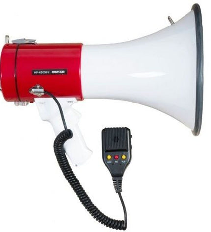 FONESTAR MF-600SGU sports megaphone used outdoors for football games, with a large cone speaker and ergonomic handle.