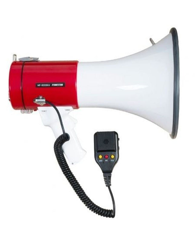 FONESTAR MF-600SGU sports megaphone used outdoors for football games, with a large cone speaker and ergonomic handle.
