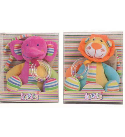Baby elephant and lion rattle toy by BigBuy Fun, 25cm, soft colorful plastic for young children to grasp and shake.