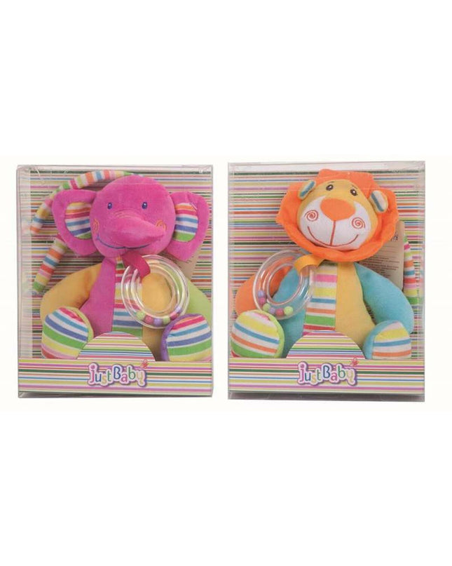 Baby elephant and lion rattle toy by BigBuy Fun, 25cm, soft colorful plastic for young children to grasp and shake.