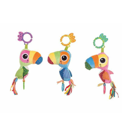 Colorful 25cm parrot-shaped baby rattle by BigBuy Fun, made of soft plastic, suitable for young children’s sensory play.