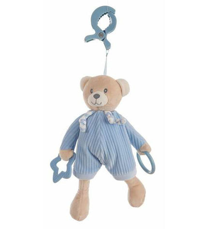 Soft blue ratel toy for babies, 26 cm long, with a plush velvet texture and a cute bear shape, ideal for young children’s play.