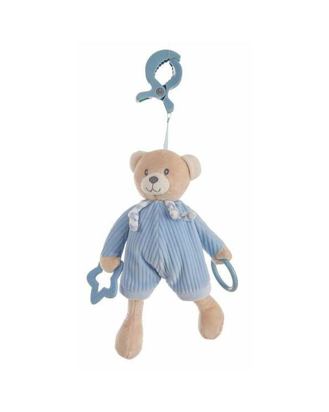 Soft blue ratel toy for babies, 26 cm long, with a plush velvet texture and a cute bear shape, ideal for young children’s play.
