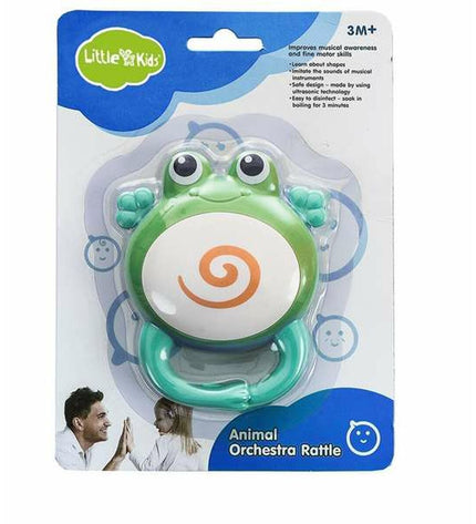 Baby rattle in the shape of a frog from BigBuy Fun, measuring 11 x 9 x 3 cm, made of colorful, soft plastic for young children.