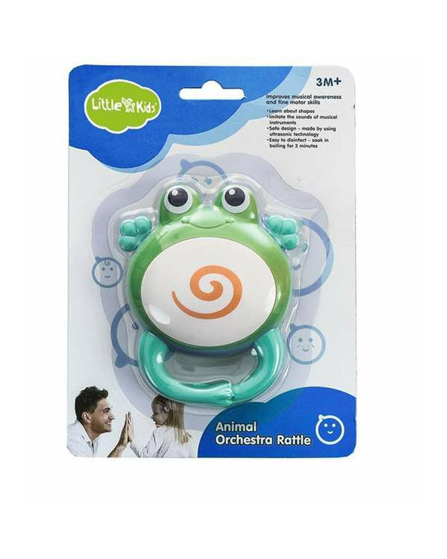 Baby rattle in the shape of a frog from BigBuy Fun, measuring 11 x 9 x 3 cm, made of colorful, soft plastic for young children.