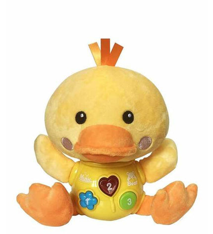 Soft yellow duck plush toy from BigBuy Fun, 24 cm, ideal as a musical and cuddly stuffed animal for children.