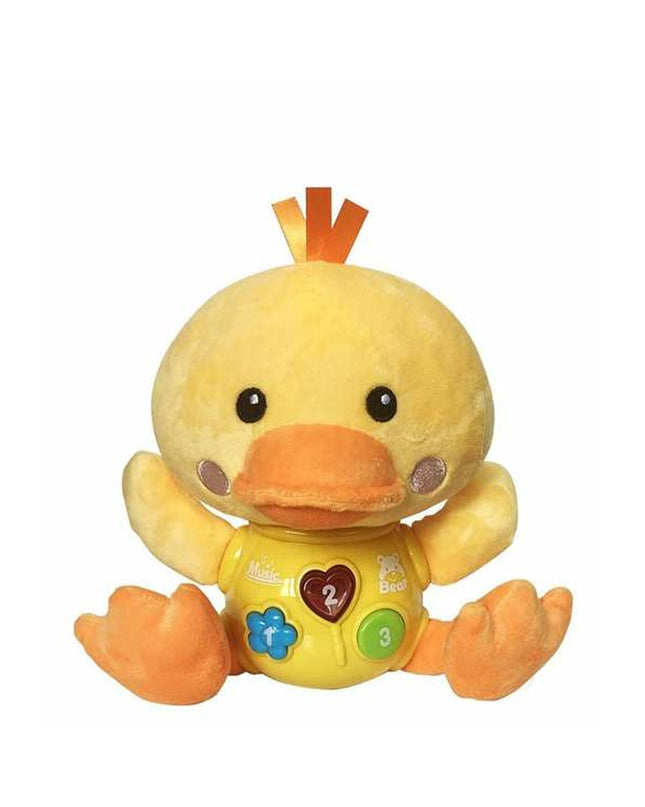 Soft yellow duck plush toy from BigBuy Fun, 24 cm, ideal as a musical and cuddly stuffed animal for children.