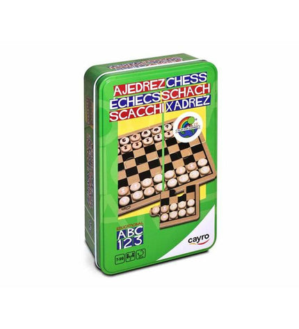 Cayro wooden chess game set with black and natural wood pieces on a wooden chessboard, perfect for strategic gameplay.