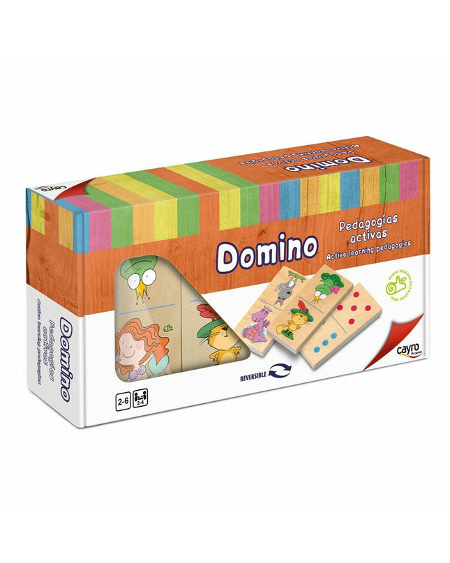Cayro Domino set featuring rectangular black and white tiles arranged on a white surface, perfect for playing domino games.