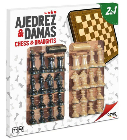 Cayro wooden game board for Parchis, chess, and checkers with plastic playing pieces on a colorful game surface.