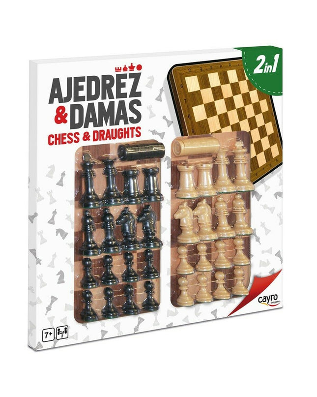 Cayro wooden game board for Parchis, chess, and checkers with plastic playing pieces on a colorful game surface.