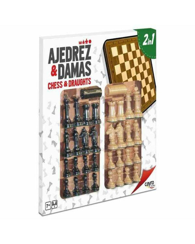 Cayro wooden and plastic game board for Parchis, chess, and checkers with colorful game pieces and a foldable design.