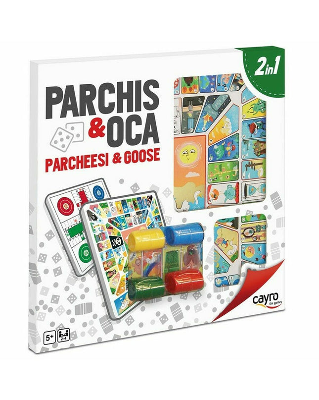 Cayro Parchis en Oca game board, 40x40 cm, with colorful game path and pieces for family board game fun.